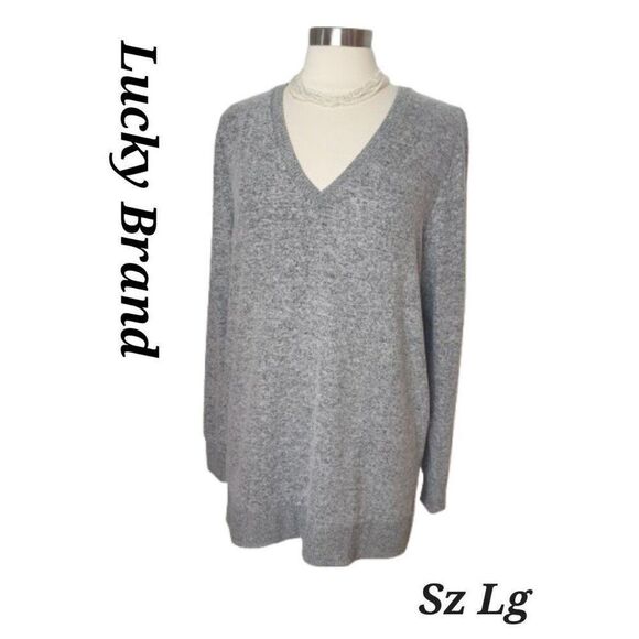 Lucky Brand Womens V-Neck Tunic Sweater Knit Long Sleeve Pullover Grey Size L - Picture 1 of 8